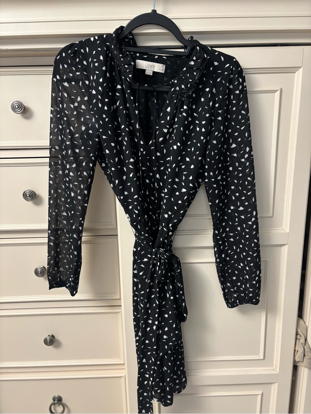 LOFT Black Wrap Dress with White Abstract Spots